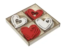 Coeurs en bois 4 ass. rouge 6x6 cm 20 p.